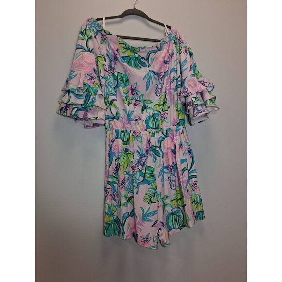 Lilly pulitzer womens medium off shoulder boat neck romper pink green - Picture 7 of 11